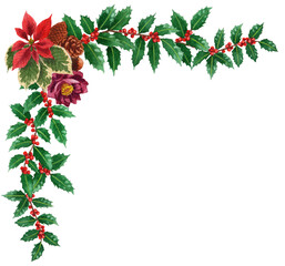 アナログ水彩ポインセチア西洋柊フレーム