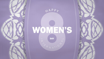 International women's day greeting brochure template in purple color with vintage white pattern