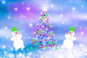 Two snowmen dancing near an abstract Christmas tree on an abstract colorful background with bokeh and stars