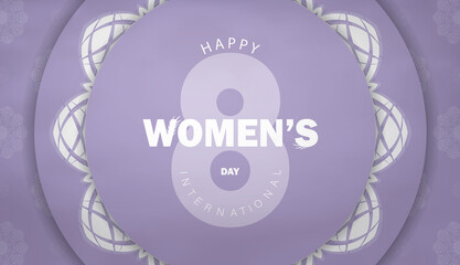 International women's day greeting card template in purple color with abstract white ornament