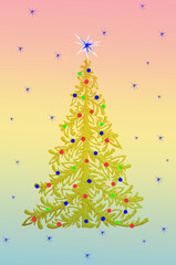 Decorative bright beautiful Christmas yellow tree with balls and stars on abstract colorful background