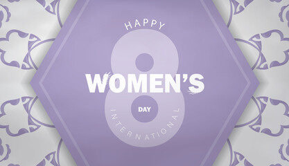 International women's day greeting card template in purple color with luxury white ornaments