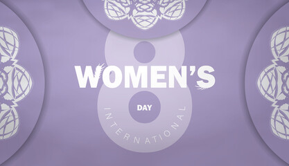 International women's day greeting card template in purple color with vintage white ornament
