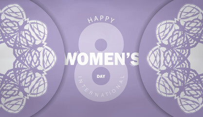 International women's day greeting card template in purple color with vintage white pattern