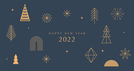 Simple Christmas background, elegant geometric minimalist style. Happy new year banner. Snowflakes, decorations and Xmas trees elements. Retro clean concept design