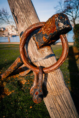 Rusted cast-iron anchor displayed in the Pilgrim Memorial State Park in Plymouth, Massachusetts.