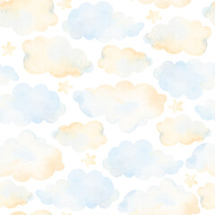 Watercolor clouds, moon, stars, seamless pattern. Watercolor illustrations clip art for nursery decorations. For t-shirt print, wear fashion design, baby shower, kids cards, linens, wall stickers.