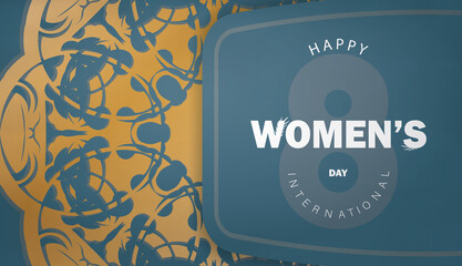Postcard template 8 march international womens day blue color with winter gold pattern