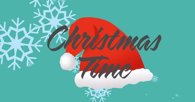 Animation of christmas time text over snow falling and santa hat