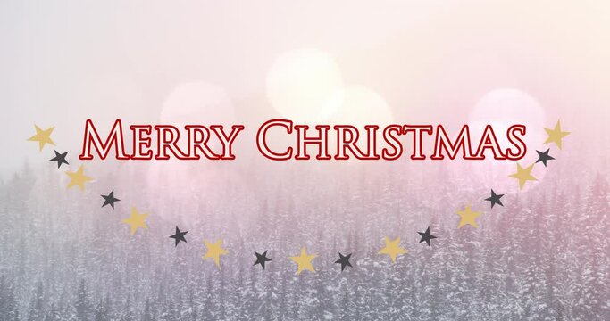 Animation of merry christmas text over stars and fir trees