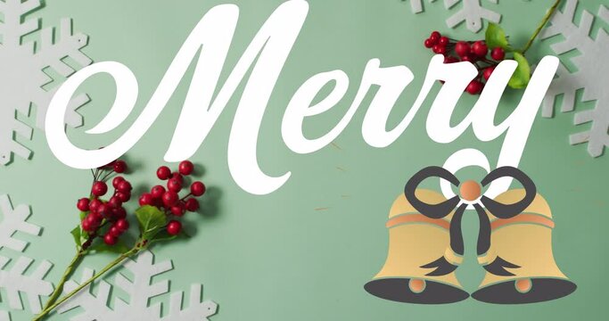 Animation of merry text over christmas decorations