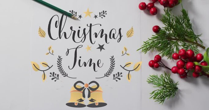 Animation of christmas time text over christmas decorations