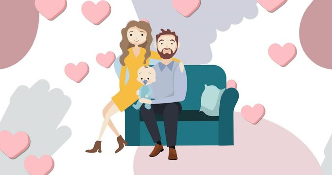 Animation of illustration of happy parents sitting holding baby, with pink hearts on grey and white