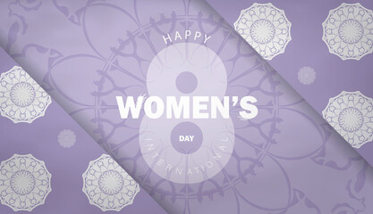 Postcard template 8 march international womens day purple color with vintage white pattern