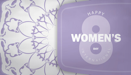 Postcard template 8 march international womens day purple color with vintage white pattern