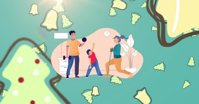 Animation of illustration of happy parents and daughter exercising, over christmas trees and bells