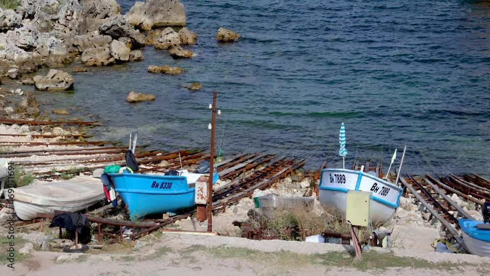 Poster Fishery boats in small bay in Tyulenovo village on Black Sea coast in Bulgaria