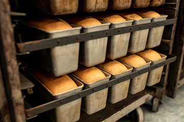 Metal racks with freshly baked loaves of fresh wheat bread.