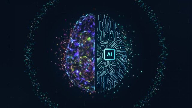 Artificial intelligence brain animation. Futuristic human brain interface concept. Robotic system. Intellectual programming of future human. AI Digital background. Motion design 4k