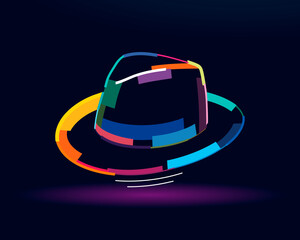 Men wide brimmed high crowned sable fedora hat, hat man, abstract, colorful drawing. Vector illustration of paints