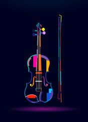 Violin with bow, abstract, colorful drawing. Vector illustration of paints © Liliia