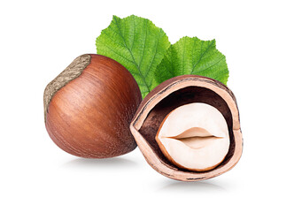 Hazelnuts with green leaves isolated on white background.