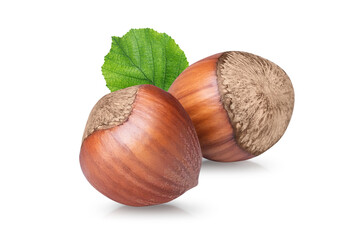 Hazelnuts with green leaves isolated on white background.