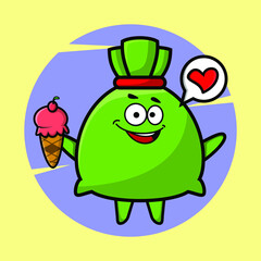 Cartoon money bag mascot holding ice cream cone cute style design for t-shirt, sticker, logo element