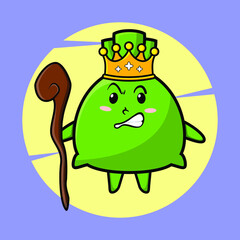 Cartoon money bag mascot as wise king with golden crown and wooden stick cute style design for t-shirt, sticker, logo element
