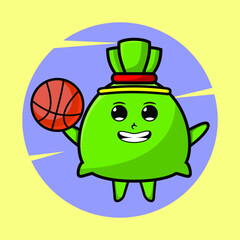 Cartoon money bag mascot playing basketball and cute stylish design for t-shirt, sticker, logo elements