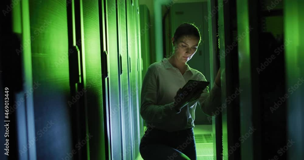 Poster caucasian female it technician using tablet checking computer server