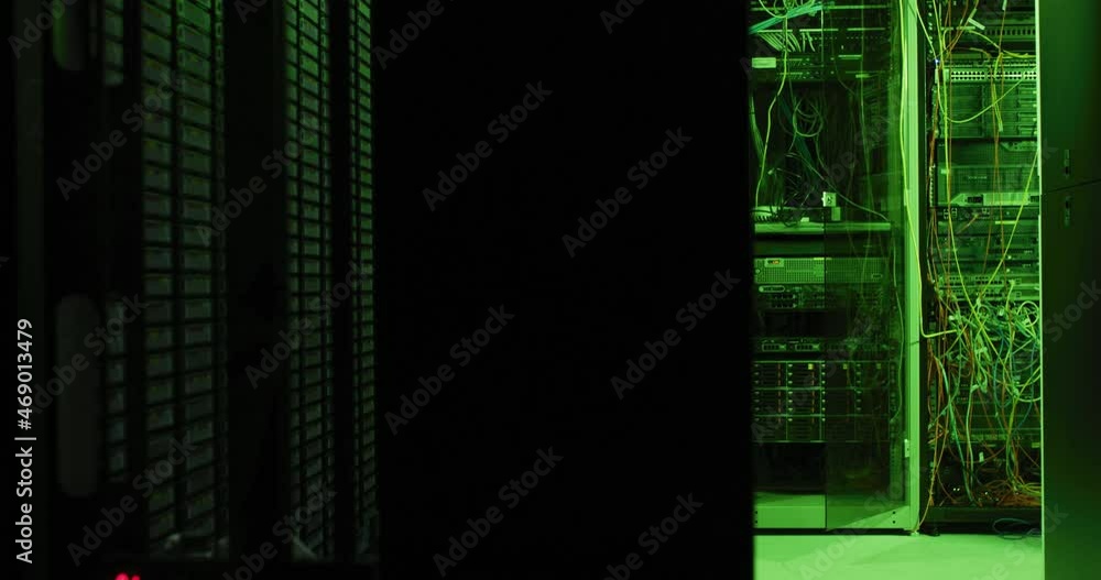 Poster close up of green control lights on computer servers in tech room