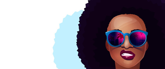 Black girl in blue sunglasses with afro hairstyle. White background. Vector illustration