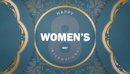 Template Congratulatory Brochure March 8 Blue with vintage gold pattern