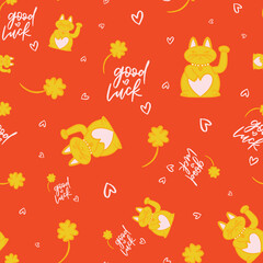 Lucky cat pattern with clovers and hearts in yellow over red lettering background print design. Pop art vector illustration. Fun and cute seamless repeat surface design for girls, kids and kitsch home