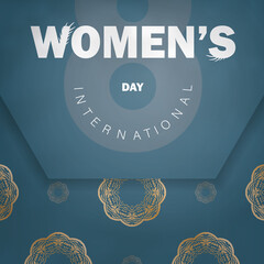 Template Greeting card 8 March Blue colors with winter gold ornament