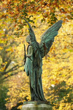 angel figure with spread wings in an autumn cemetery