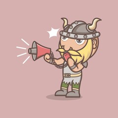 funny cartoon viking protest with megaphone. vector illustration for mascot logo or sticker