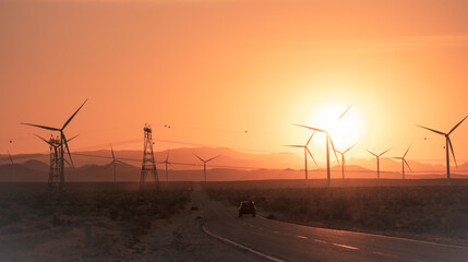 Car driving into sunset with windmills and electricity pylons