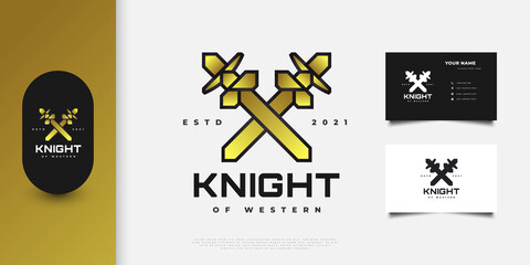 Crossed Black and Gold Swords Logo, Symbol or Emblem with Game Style. Luxury Heraldry Design