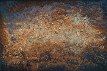Grungy Texture of Brown Dirt on Distressed Metal: Brown dirt brushed across a weathered metal surface