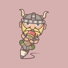 Rich cute cartoon viking writing with big pencil. vector illustration for mascot logo or sticker