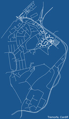 Detailed navigation urban street roads map on blue technical  background of the quarter Tremorfa community of the Welsh capital city of Cardiff, United Kingdom