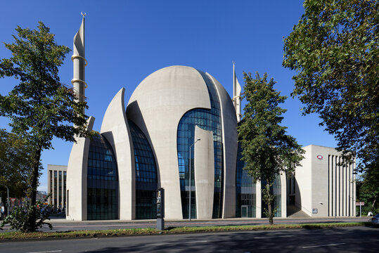 Cologne, Germany - October 16, 2021: the ditib central mosque in the cologne district of ehrenfeld