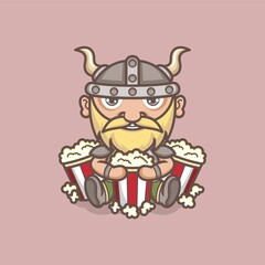 funny cartoon vikings with popcorn. vector illustration for mascot logo or sticker