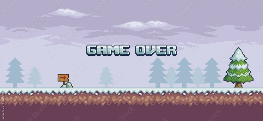 Poster pixel art landscape 8bit game. game over background with grass, trees and clouds