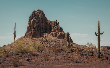 Wild West scene out of Arizona with saguaros and rocks. 