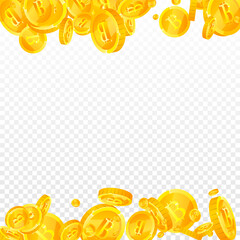 Bitcoin, internet currency coins falling. Actual scattered BTC coins. Cryptocurrency, digital money. Amazing jackpot, wealth or success concept. Vector illustration.