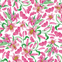 Seamless pattern. Watercolour, hand drawn illustration. Happy Valentines Day, pink lilies, pink heart, white background.