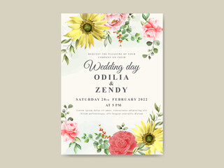 Elegant sunflower and rose watercolor wedding invitation template